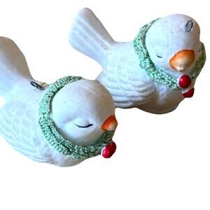 2 Vintage Porcelain White Dove Bird Mini Ornaments Christmas Wreath around neck